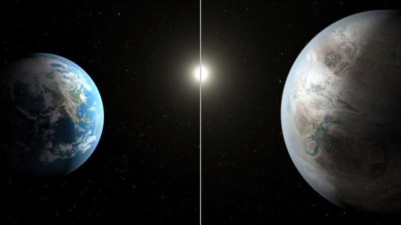 Сравнение Земли и Кеплера-452b - новая планета больше, а звезда больше, вокруг которой она вращается